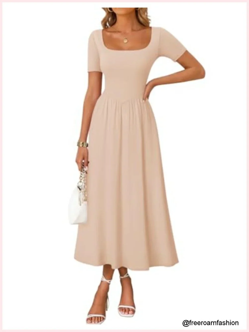 Square Neck Short Sleeve A-Line Midi Dress with Slit Pockets